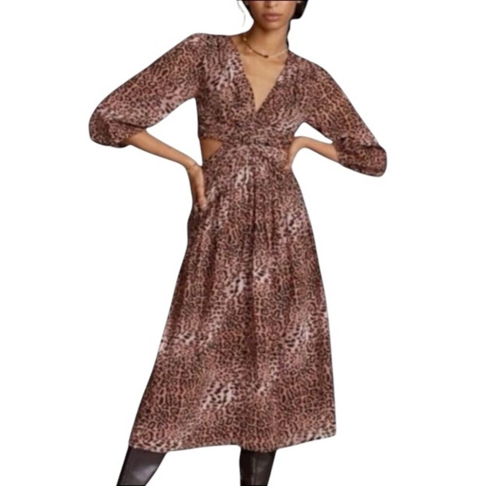 Anthropologie Ranna Gill Leopard Print Cut Out Midi Dress Size Small